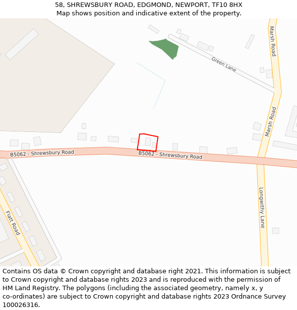 58, SHREWSBURY ROAD, EDGMOND, NEWPORT, TF10 8HX: Location map and indicative extent of plot