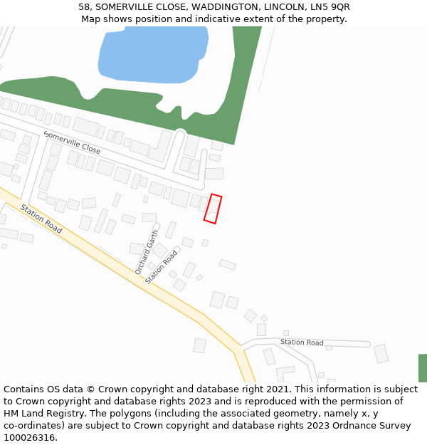 58, SOMERVILLE CLOSE, WADDINGTON, LINCOLN, LN5 9QR: Location map and indicative extent of plot