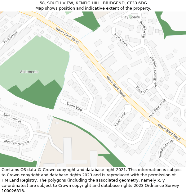 58, SOUTH VIEW, KENFIG HILL, BRIDGEND, CF33 6DG: Location map and indicative extent of plot