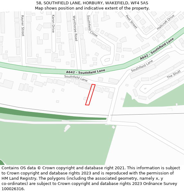 58, SOUTHFIELD LANE, HORBURY, WAKEFIELD, WF4 5AS: Location map and indicative extent of plot