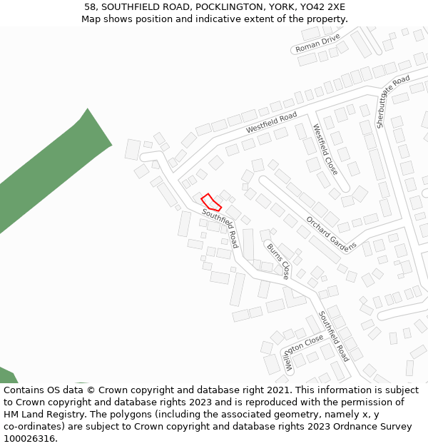 58, SOUTHFIELD ROAD, POCKLINGTON, YORK, YO42 2XE: Location map and indicative extent of plot