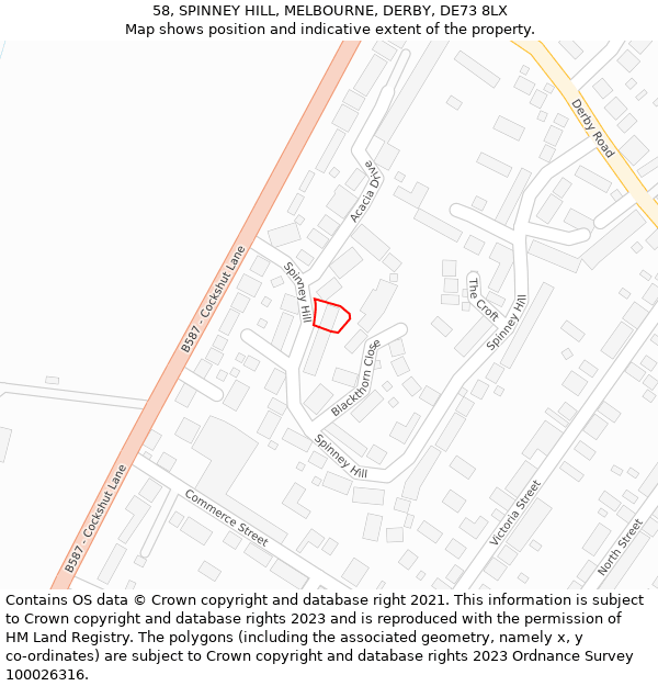 58, SPINNEY HILL, MELBOURNE, DERBY, DE73 8LX: Location map and indicative extent of plot