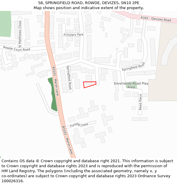 58, SPRINGFIELD ROAD, ROWDE, DEVIZES, SN10 2PE: Location map and indicative extent of plot