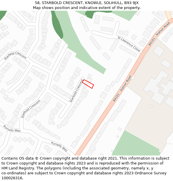 58, STARBOLD CRESCENT, KNOWLE, SOLIHULL, B93 9JX: Location map and indicative extent of plot