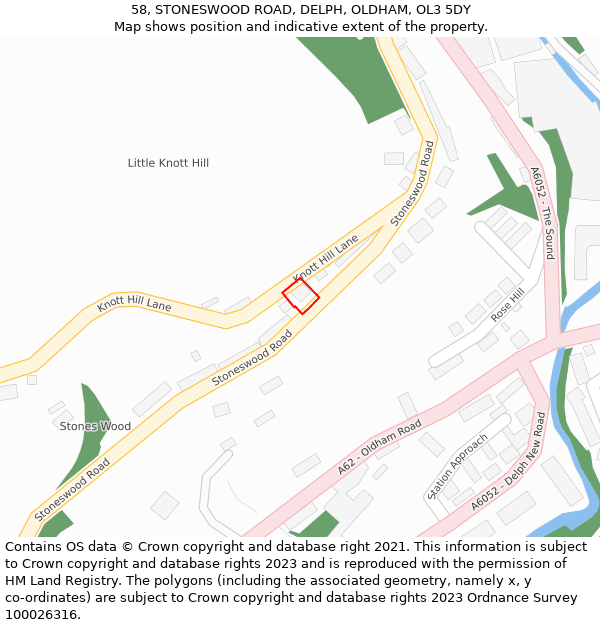 58, STONESWOOD ROAD, DELPH, OLDHAM, OL3 5DY: Location map and indicative extent of plot