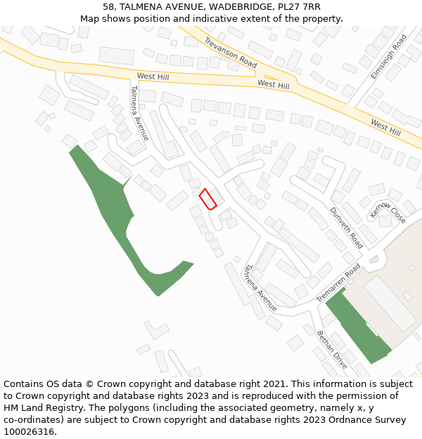 58, TALMENA AVENUE, WADEBRIDGE, PL27 7RR: Location map and indicative extent of plot