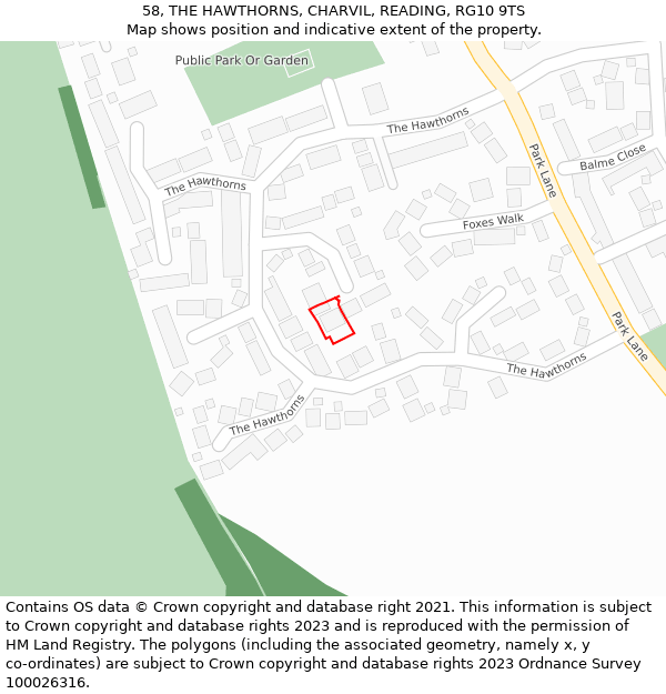 58, THE HAWTHORNS, CHARVIL, READING, RG10 9TS: Location map and indicative extent of plot