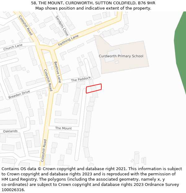 58, THE MOUNT, CURDWORTH, SUTTON COLDFIELD, B76 9HR: Location map and indicative extent of plot