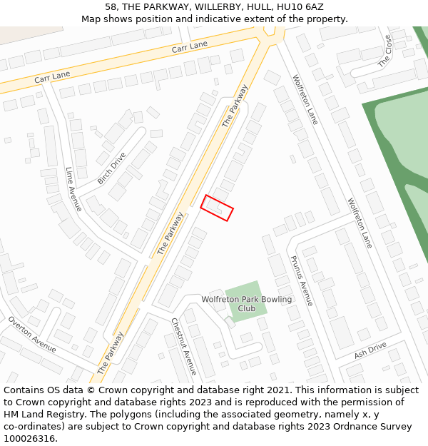 58, THE PARKWAY, WILLERBY, HULL, HU10 6AZ: Location map and indicative extent of plot