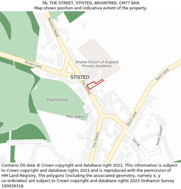58, THE STREET, STISTED, BRAINTREE, CM77 8AN: Location map and indicative extent of plot