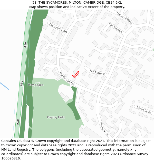 58, THE SYCAMORES, MILTON, CAMBRIDGE, CB24 6XL: Location map and indicative extent of plot