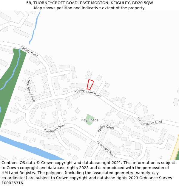 58, THORNEYCROFT ROAD, EAST MORTON, KEIGHLEY, BD20 5QW: Location map and indicative extent of plot