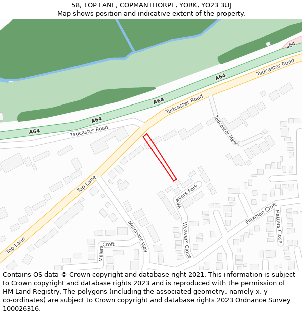 58, TOP LANE, COPMANTHORPE, YORK, YO23 3UJ: Location map and indicative extent of plot