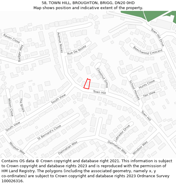 58, TOWN HILL, BROUGHTON, BRIGG, DN20 0HD: Location map and indicative extent of plot