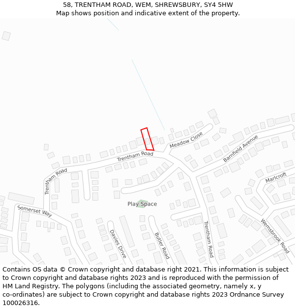 58, TRENTHAM ROAD, WEM, SHREWSBURY, SY4 5HW: Location map and indicative extent of plot