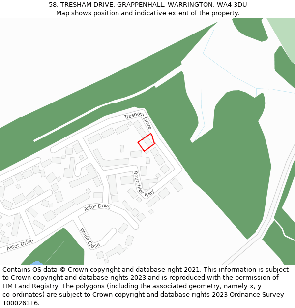 58, TRESHAM DRIVE, GRAPPENHALL, WARRINGTON, WA4 3DU: Location map and indicative extent of plot