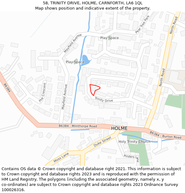 58, TRINITY DRIVE, HOLME, CARNFORTH, LA6 1QL: Location map and indicative extent of plot