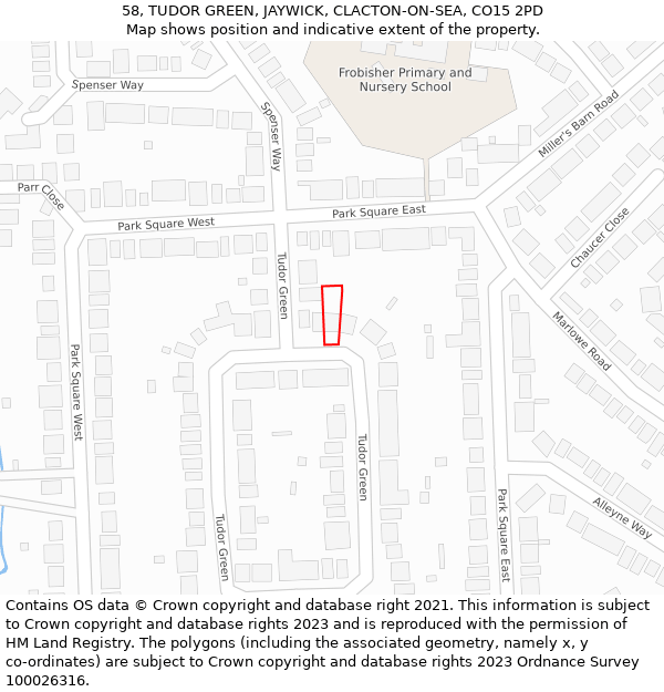 58, TUDOR GREEN, JAYWICK, CLACTON-ON-SEA, CO15 2PD: Location map and indicative extent of plot