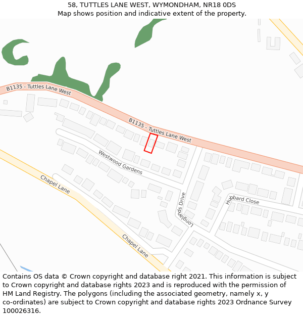 58, TUTTLES LANE WEST, WYMONDHAM, NR18 0DS: Location map and indicative extent of plot