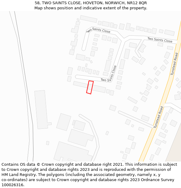 58, TWO SAINTS CLOSE, HOVETON, NORWICH, NR12 8QR: Location map and indicative extent of plot