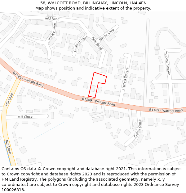 58, WALCOTT ROAD, BILLINGHAY, LINCOLN, LN4 4EN: Location map and indicative extent of plot