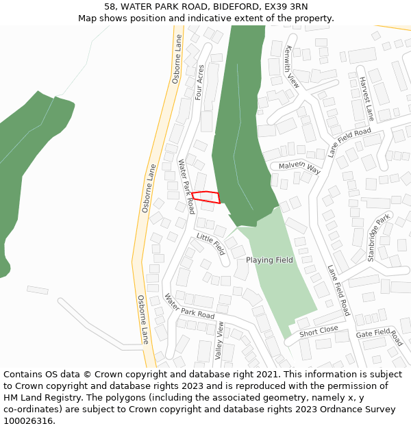 58, WATER PARK ROAD, BIDEFORD, EX39 3RN: Location map and indicative extent of plot
