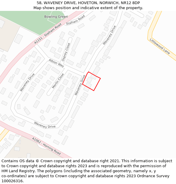 58, WAVENEY DRIVE, HOVETON, NORWICH, NR12 8DP: Location map and indicative extent of plot