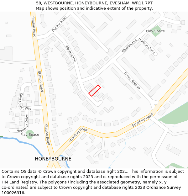 58, WESTBOURNE, HONEYBOURNE, EVESHAM, WR11 7PT: Location map and indicative extent of plot