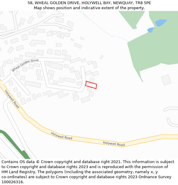 58, WHEAL GOLDEN DRIVE, HOLYWELL BAY, NEWQUAY, TR8 5PE: Location map and indicative extent of plot