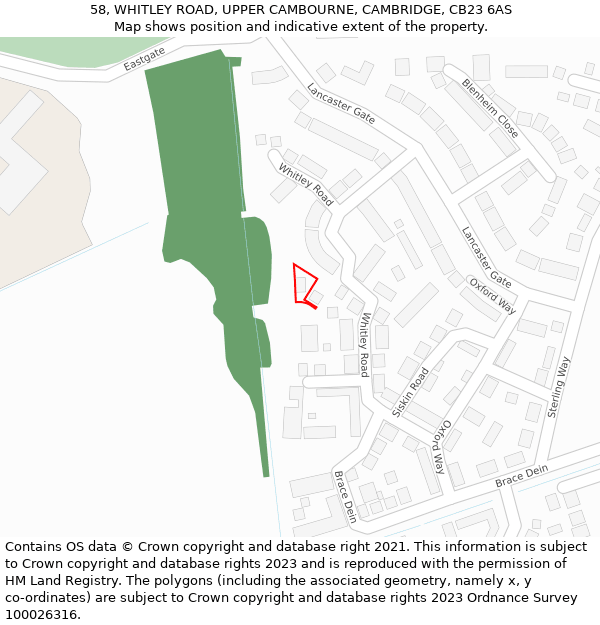 58, WHITLEY ROAD, UPPER CAMBOURNE, CAMBRIDGE, CB23 6AS: Location map and indicative extent of plot