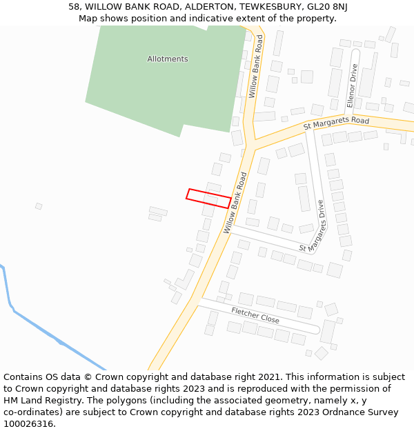 58, WILLOW BANK ROAD, ALDERTON, TEWKESBURY, GL20 8NJ: Location map and indicative extent of plot