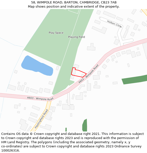 58, WIMPOLE ROAD, BARTON, CAMBRIDGE, CB23 7AB: Location map and indicative extent of plot