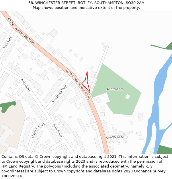 58, WINCHESTER STREET, BOTLEY, SOUTHAMPTON, SO30 2AA: Location map and indicative extent of plot