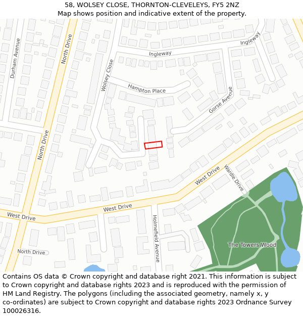 58, WOLSEY CLOSE, THORNTON-CLEVELEYS, FY5 2NZ: Location map and indicative extent of plot