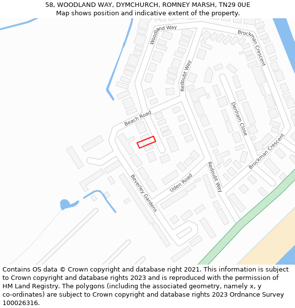 58, WOODLAND WAY, DYMCHURCH, ROMNEY MARSH, TN29 0UE: Location map and indicative extent of plot