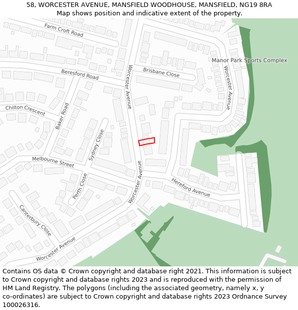 58, WORCESTER AVENUE, MANSFIELD WOODHOUSE, MANSFIELD, NG19 8RA: Location map and indicative extent of plot