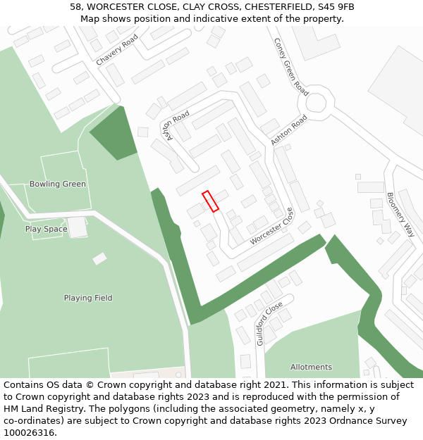 58, WORCESTER CLOSE, CLAY CROSS, CHESTERFIELD, S45 9FB: Location map and indicative extent of plot