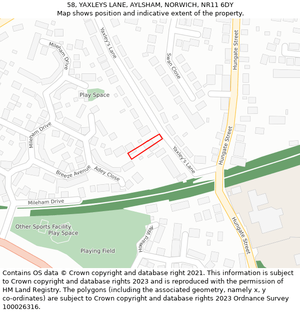 58, YAXLEYS LANE, AYLSHAM, NORWICH, NR11 6DY: Location map and indicative extent of plot