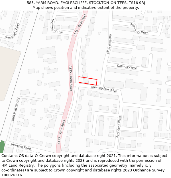 585, YARM ROAD, EAGLESCLIFFE, STOCKTON-ON-TEES, TS16 9BJ: Location map and indicative extent of plot