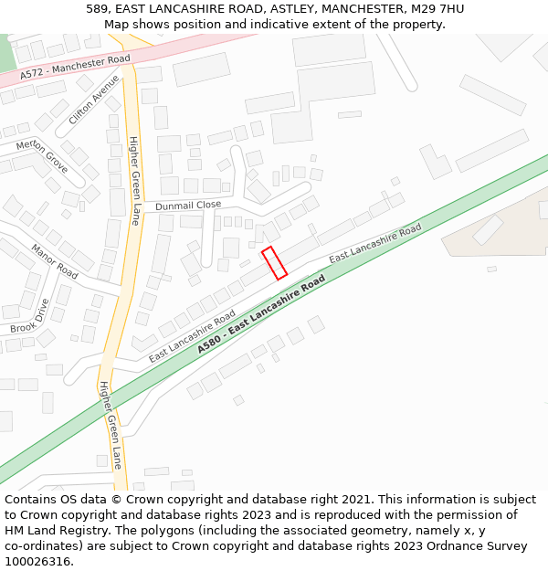 589, EAST LANCASHIRE ROAD, ASTLEY, MANCHESTER, M29 7HU: Location map and indicative extent of plot