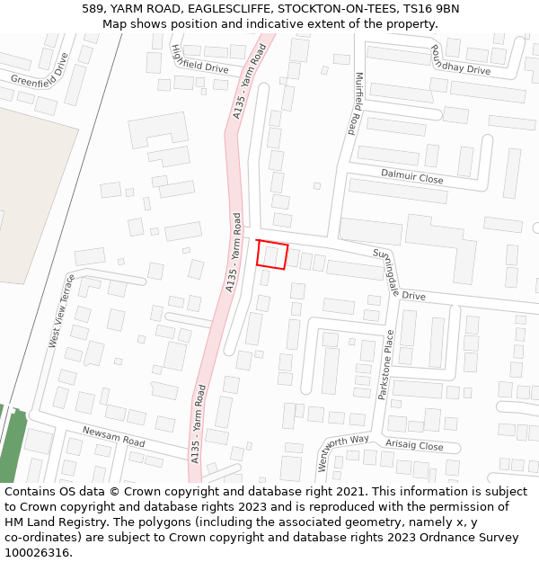 589, YARM ROAD, EAGLESCLIFFE, STOCKTON-ON-TEES, TS16 9BN: Location map and indicative extent of plot