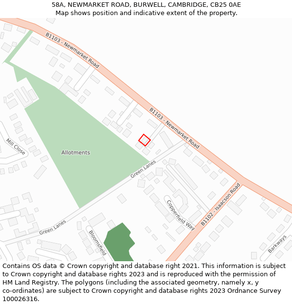 58A, NEWMARKET ROAD, BURWELL, CAMBRIDGE, CB25 0AE: Location map and indicative extent of plot