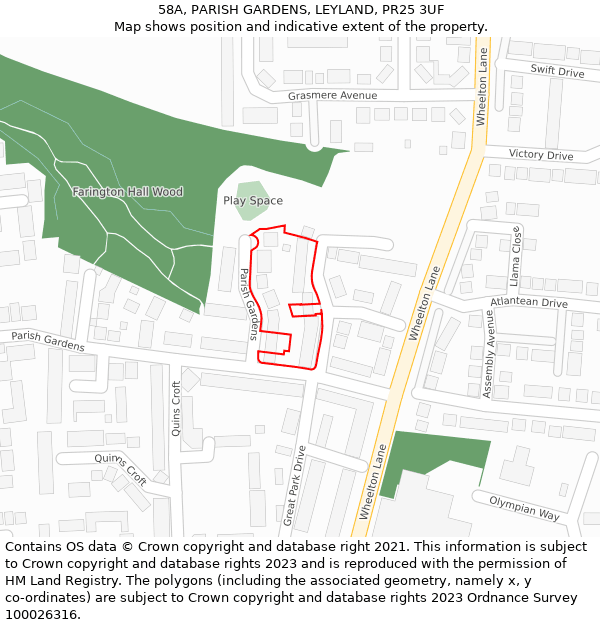 58A, PARISH GARDENS, LEYLAND, PR25 3UF: Location map and indicative extent of plot