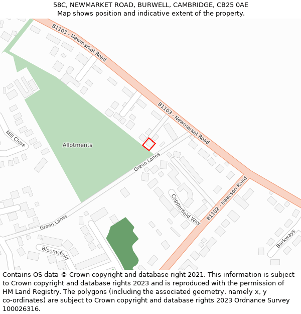 58C, NEWMARKET ROAD, BURWELL, CAMBRIDGE, CB25 0AE: Location map and indicative extent of plot