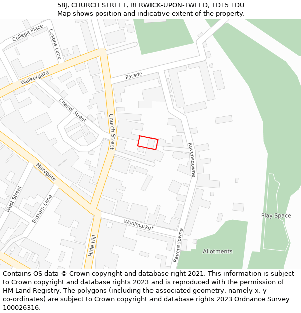 58J, CHURCH STREET, BERWICK-UPON-TWEED, TD15 1DU: Location map and indicative extent of plot