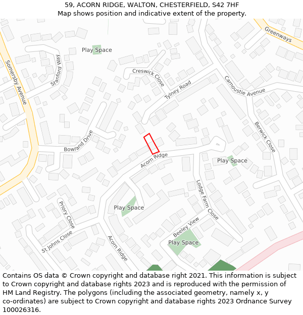 59, ACORN RIDGE, WALTON, CHESTERFIELD, S42 7HF: Location map and indicative extent of plot