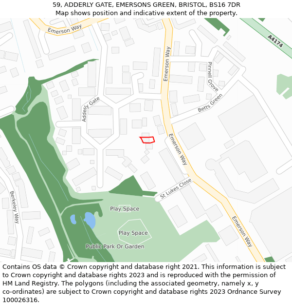 59, ADDERLY GATE, EMERSONS GREEN, BRISTOL, BS16 7DR: Location map and indicative extent of plot