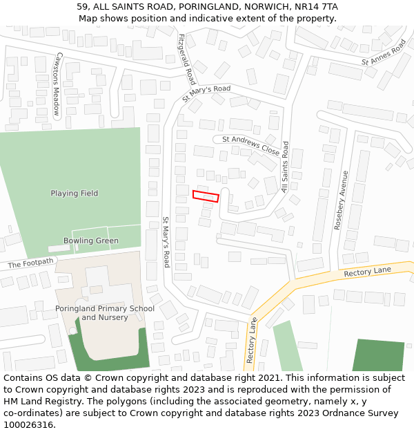 59, ALL SAINTS ROAD, PORINGLAND, NORWICH, NR14 7TA: Location map and indicative extent of plot