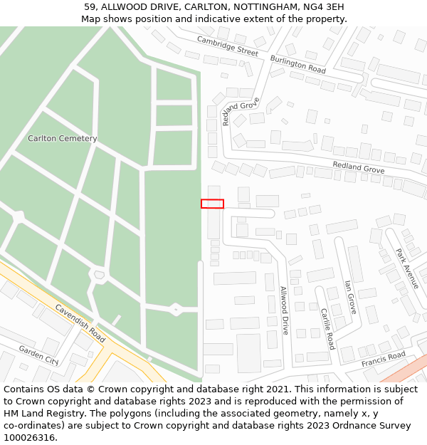 59, ALLWOOD DRIVE, CARLTON, NOTTINGHAM, NG4 3EH: Location map and indicative extent of plot