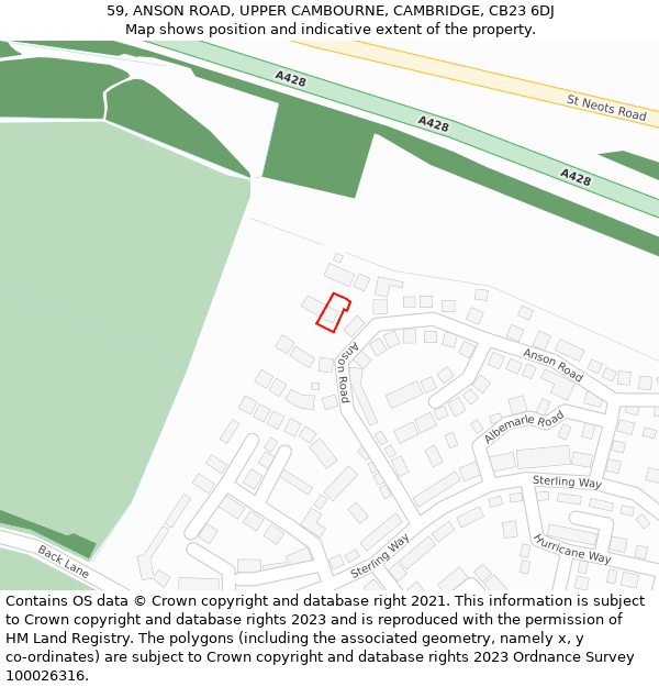 59, ANSON ROAD, UPPER CAMBOURNE, CAMBRIDGE, CB23 6DJ: Location map and indicative extent of plot